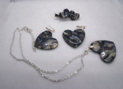 “Marbled Hearts” Handmade Jewelry and Hair Clip Set